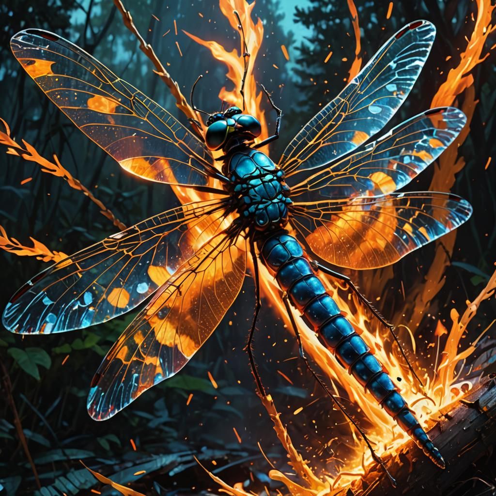 Fiery Dragonfly with Iridescent Wings in Ink Splatter Art