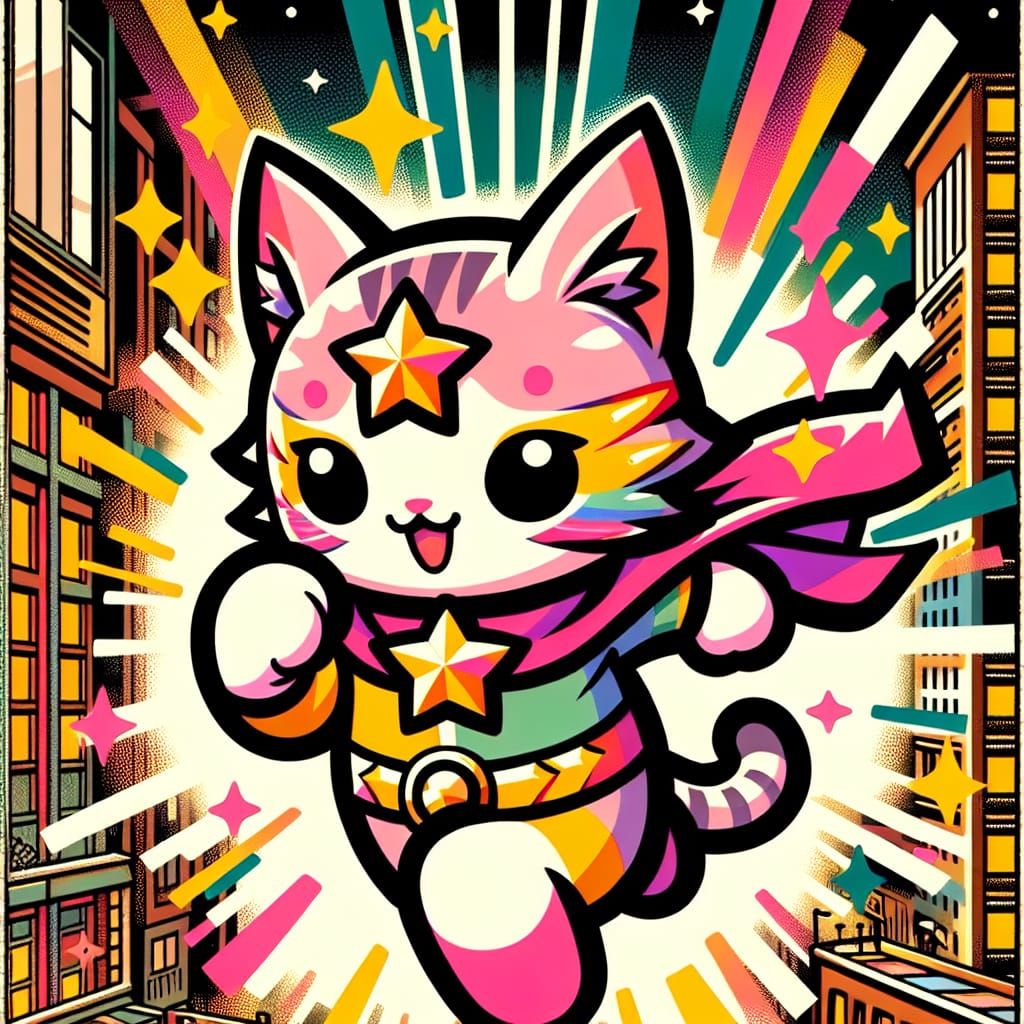 Hero Kitten with Pink Hair in Woodblock Print Style