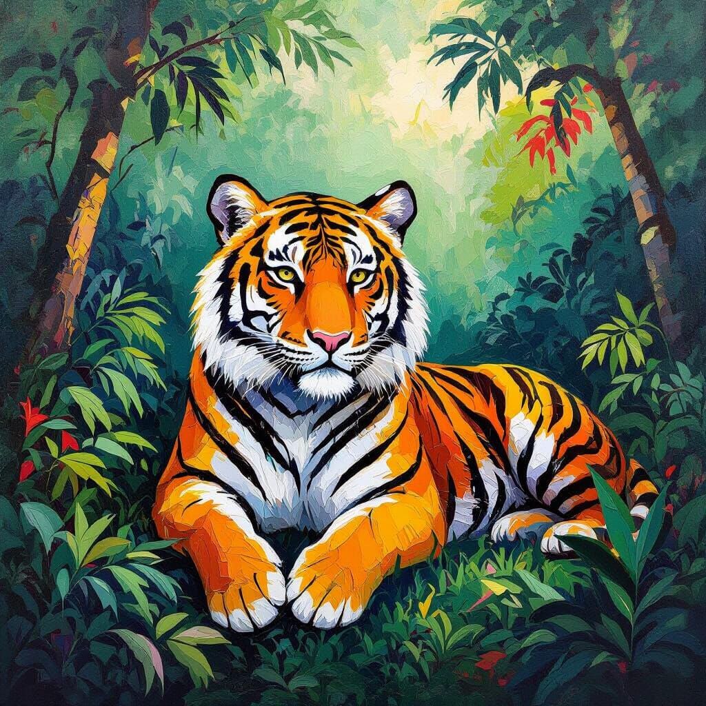 Majestic Tiger in Jungle - Neo-Impressionist Acrylic Paintin...