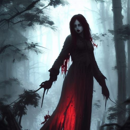Female Vampire Dripping Blood in Dark Forest