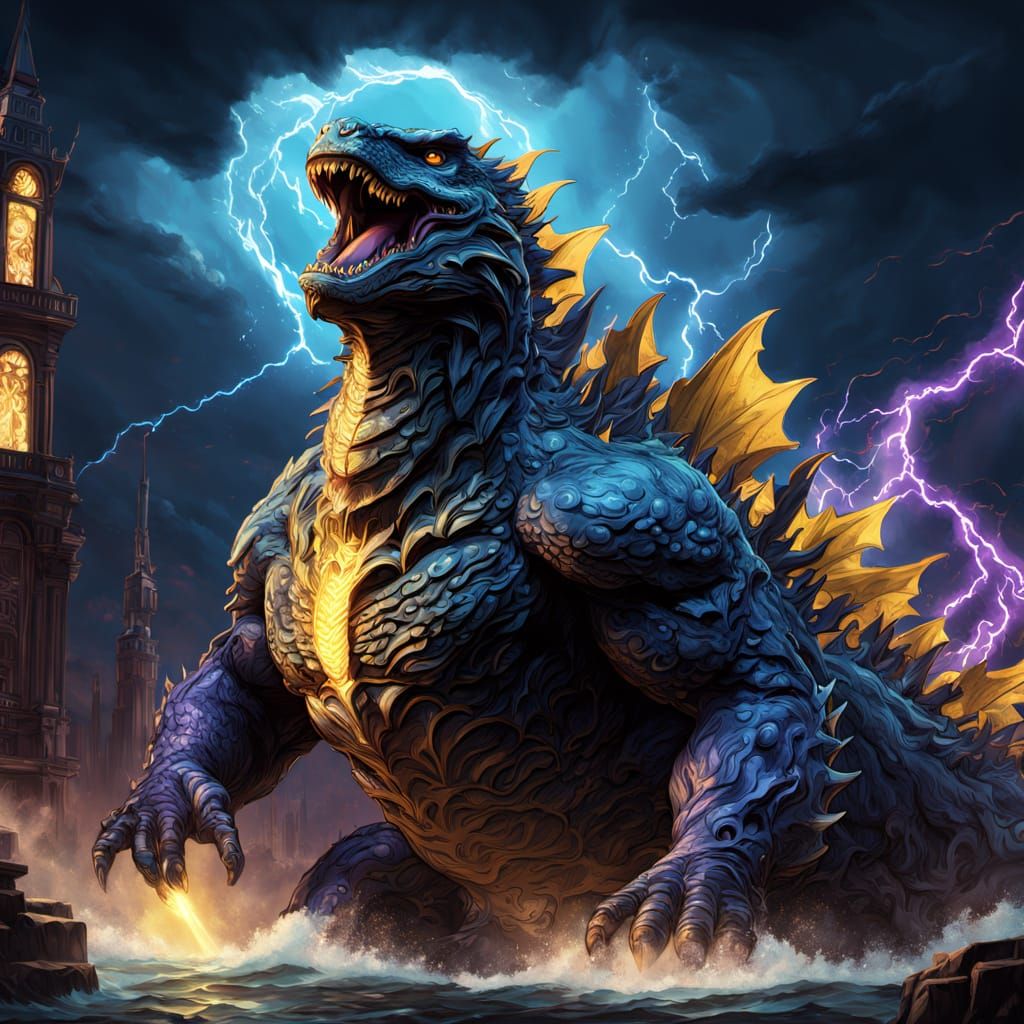 Godzilla Illuminated in a Geostorm of Electric Blue Lightnin...