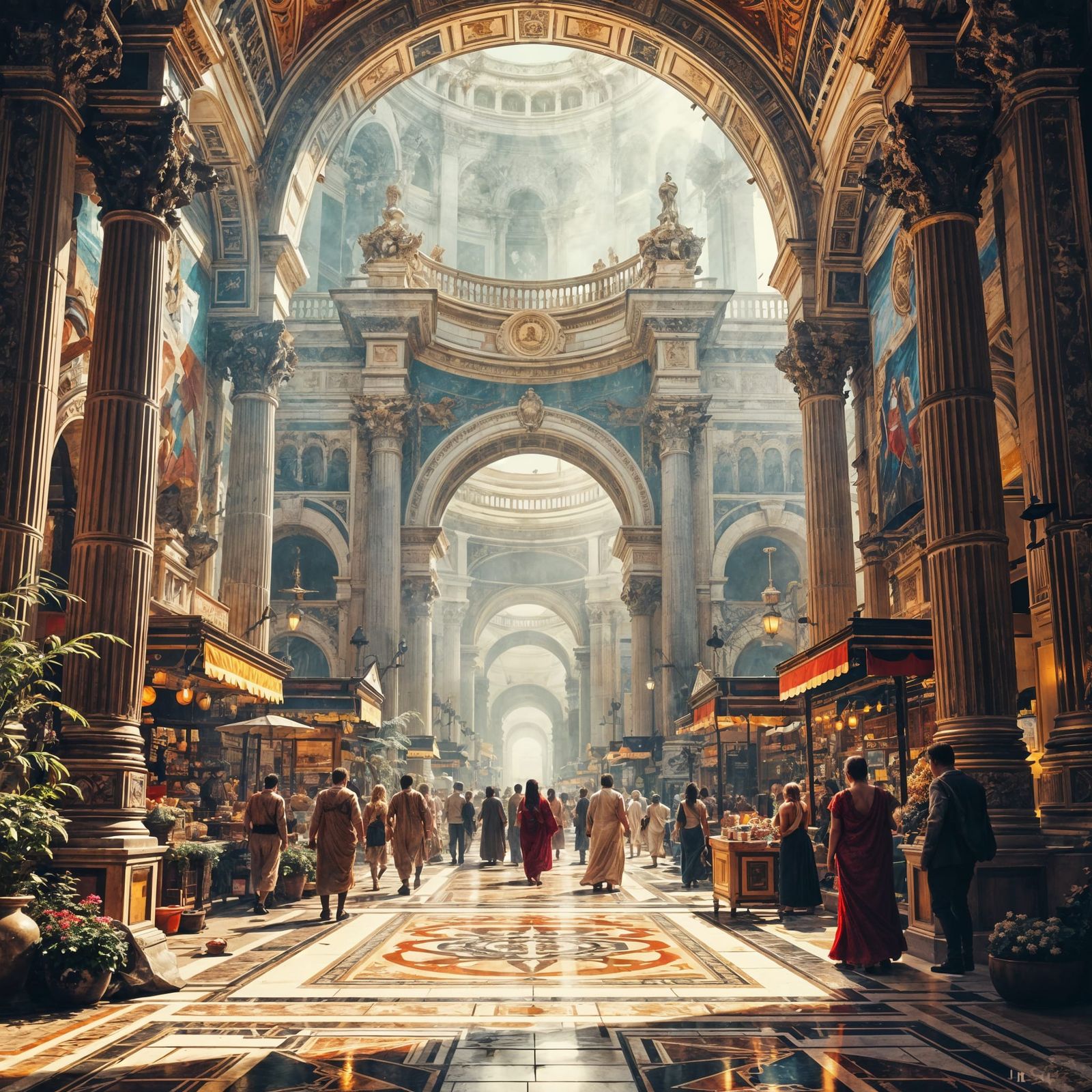 Roman Market Grand Entrance in Hyperrealistic Style