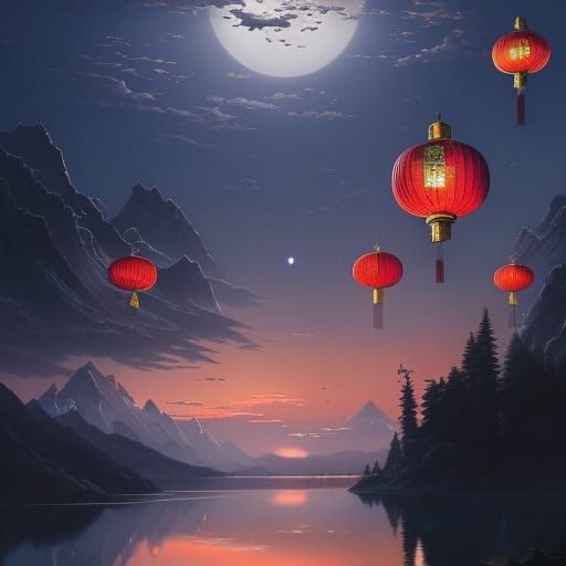 Chinese Lantern Over Moonlit Lake: Detailed Illustration