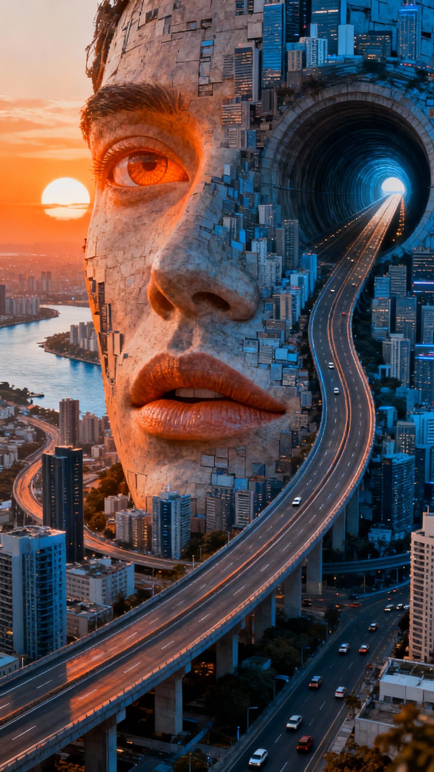 Surreal Cityscape Merged With Giant Face