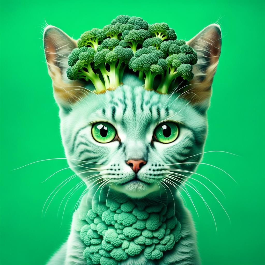 Surreal Cat with Broccoli Hair in Retro-Futuristic Style