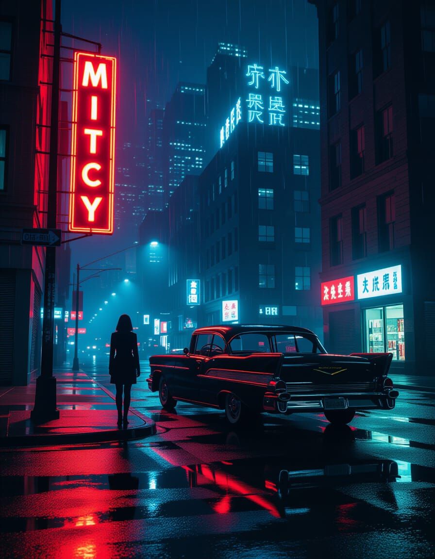 Lone Woman in Neon City Street at Midnight