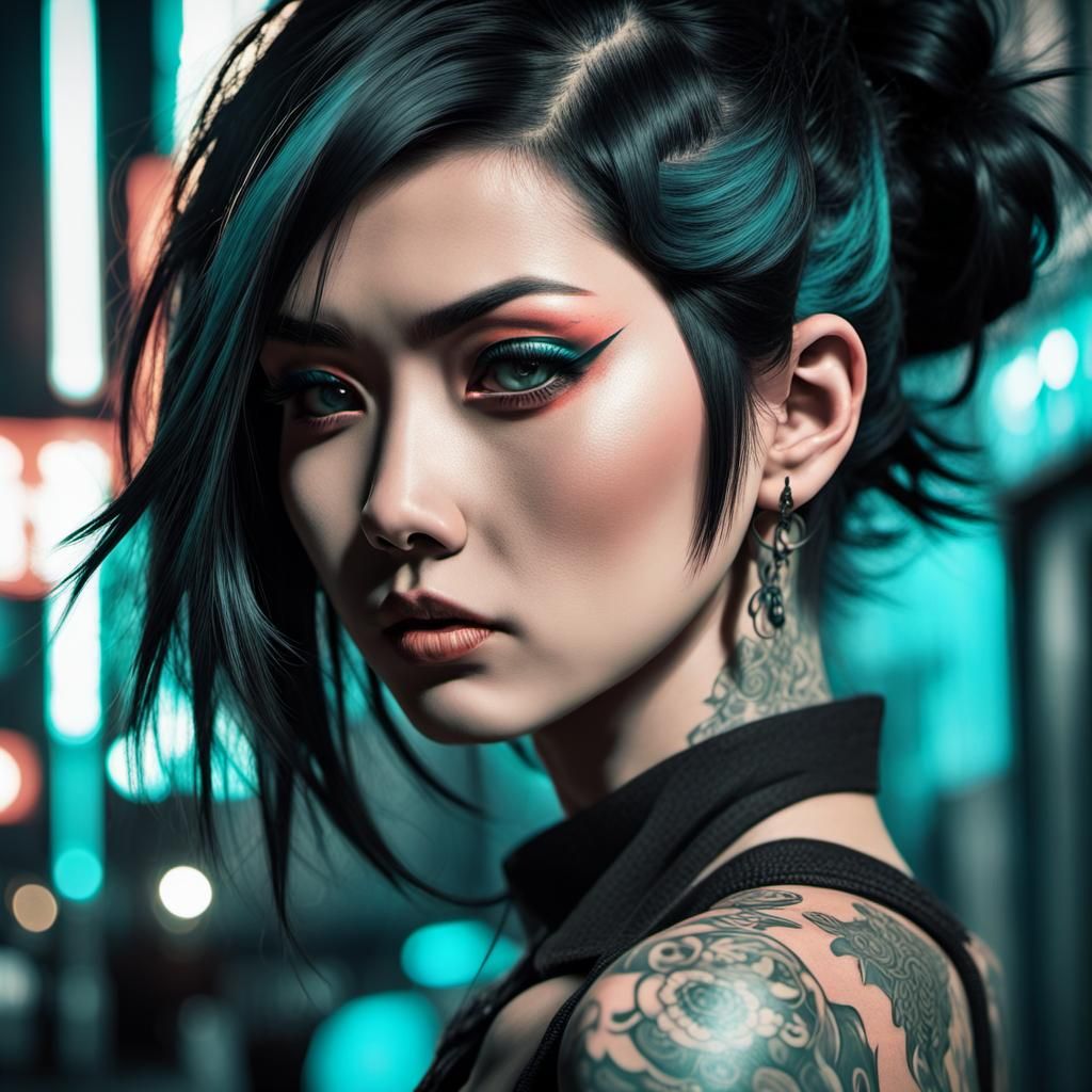 Punk Japanese Woman with Tattoos in Monochromatic Shadows