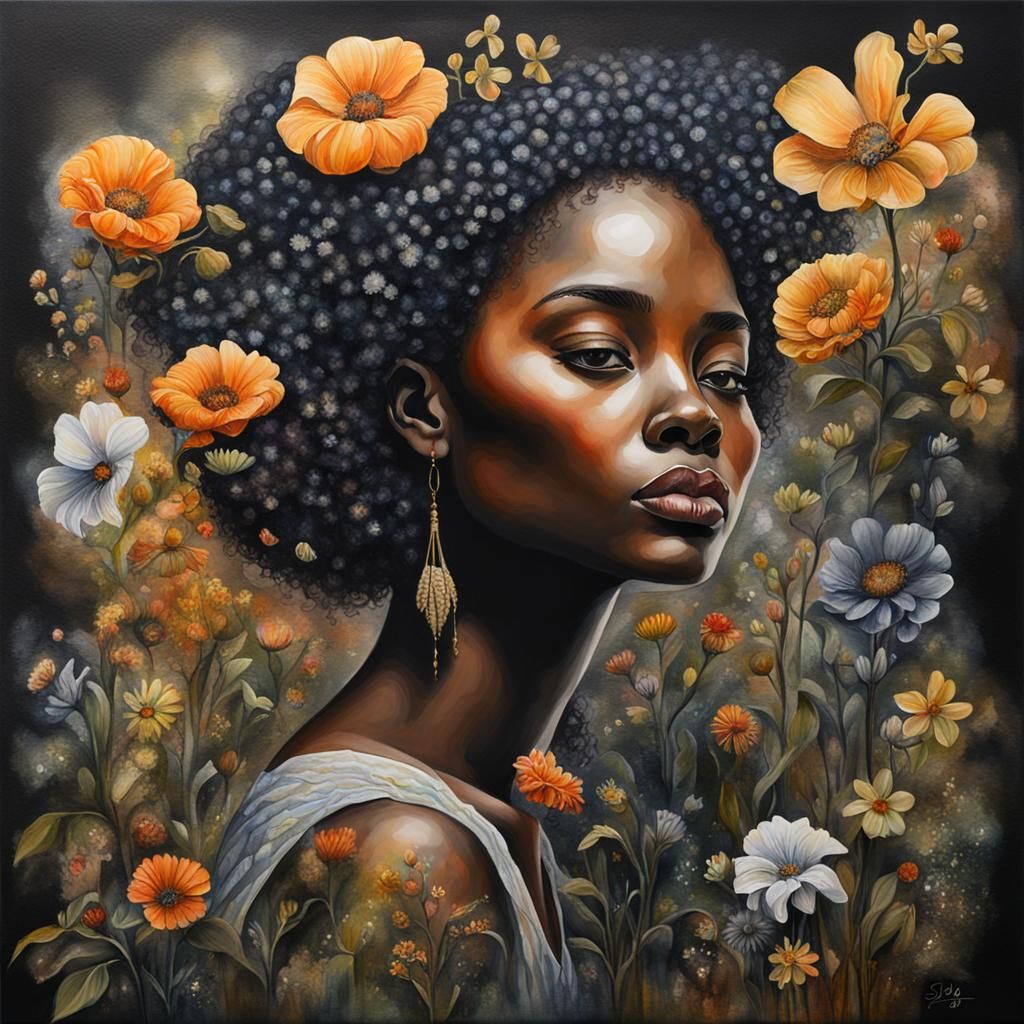 Sad Beauty: Dark Watercolor of Black Woman with Flowers