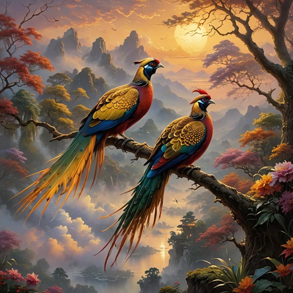 Golden Pheasants in Sunset: Ethereal Fantasy Art