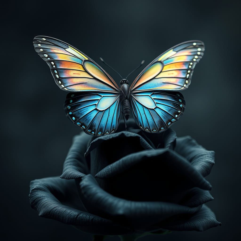 Hyper-Realistic Gothic Butterfly in Dark, Smoky Bloom