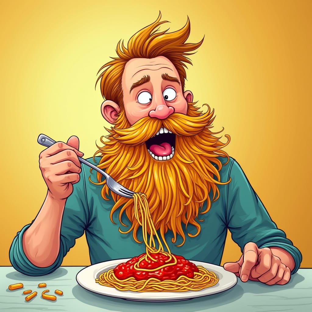 Man With Spaghetti Beard Eats Plate of Pasta