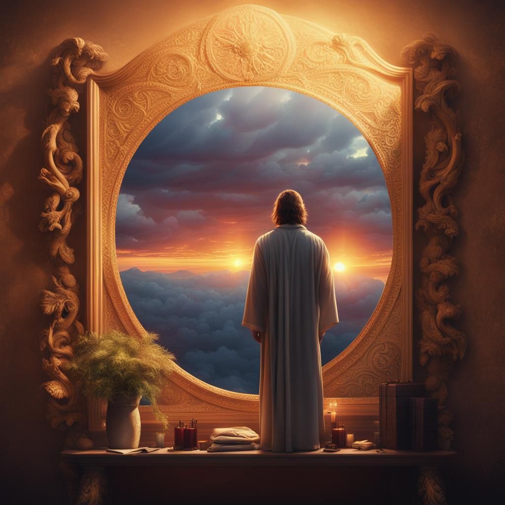 Smiling Jesus Sees Sunrise in Mirror: Digital Matte Painting
