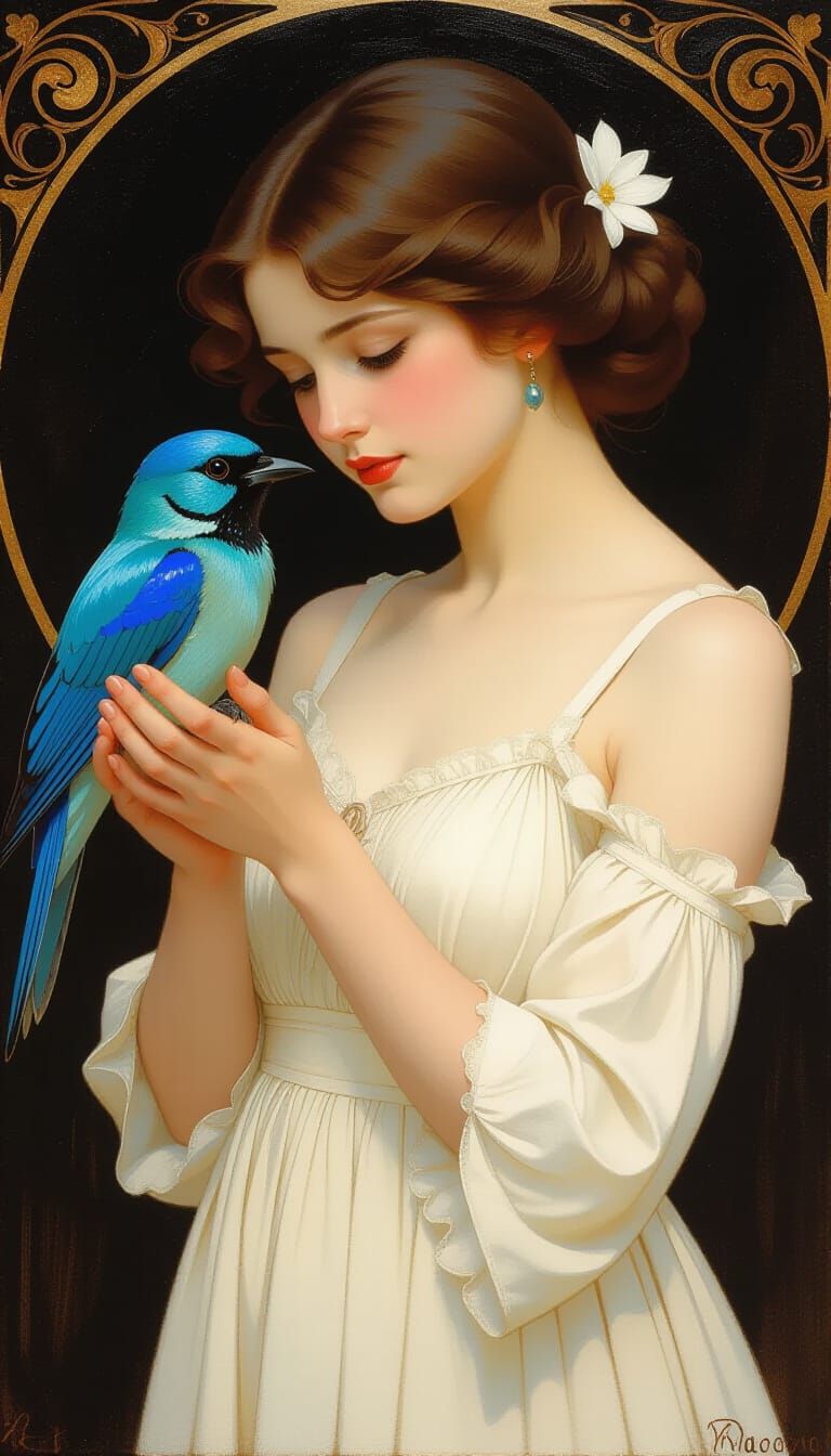 Art Nouveau Oil Painting Of Woman Holding Blue Bird
