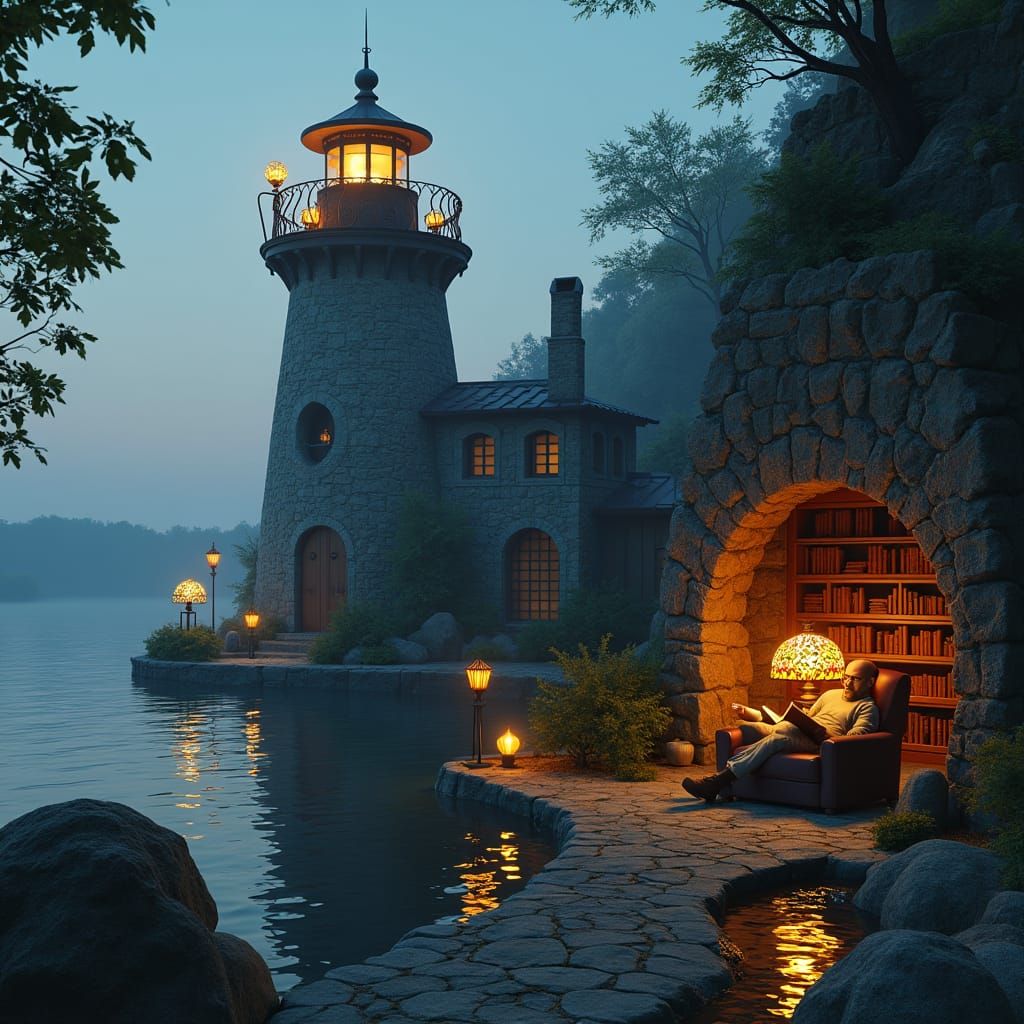 Lakeside Lighthouse with Tiffany Lamp, Digital Art