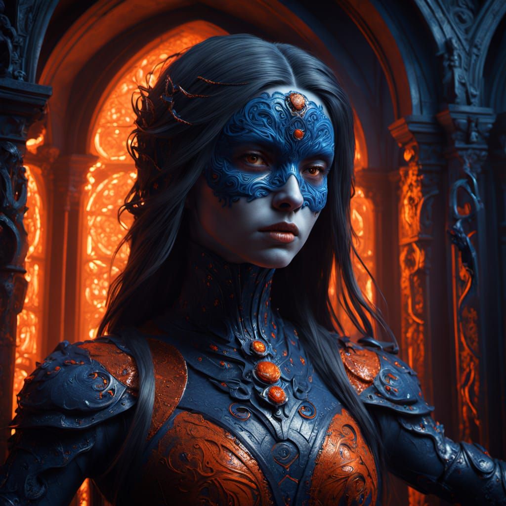 Dark Fantasy Beauty in Blood Orange Sequins, Fractal Shadows