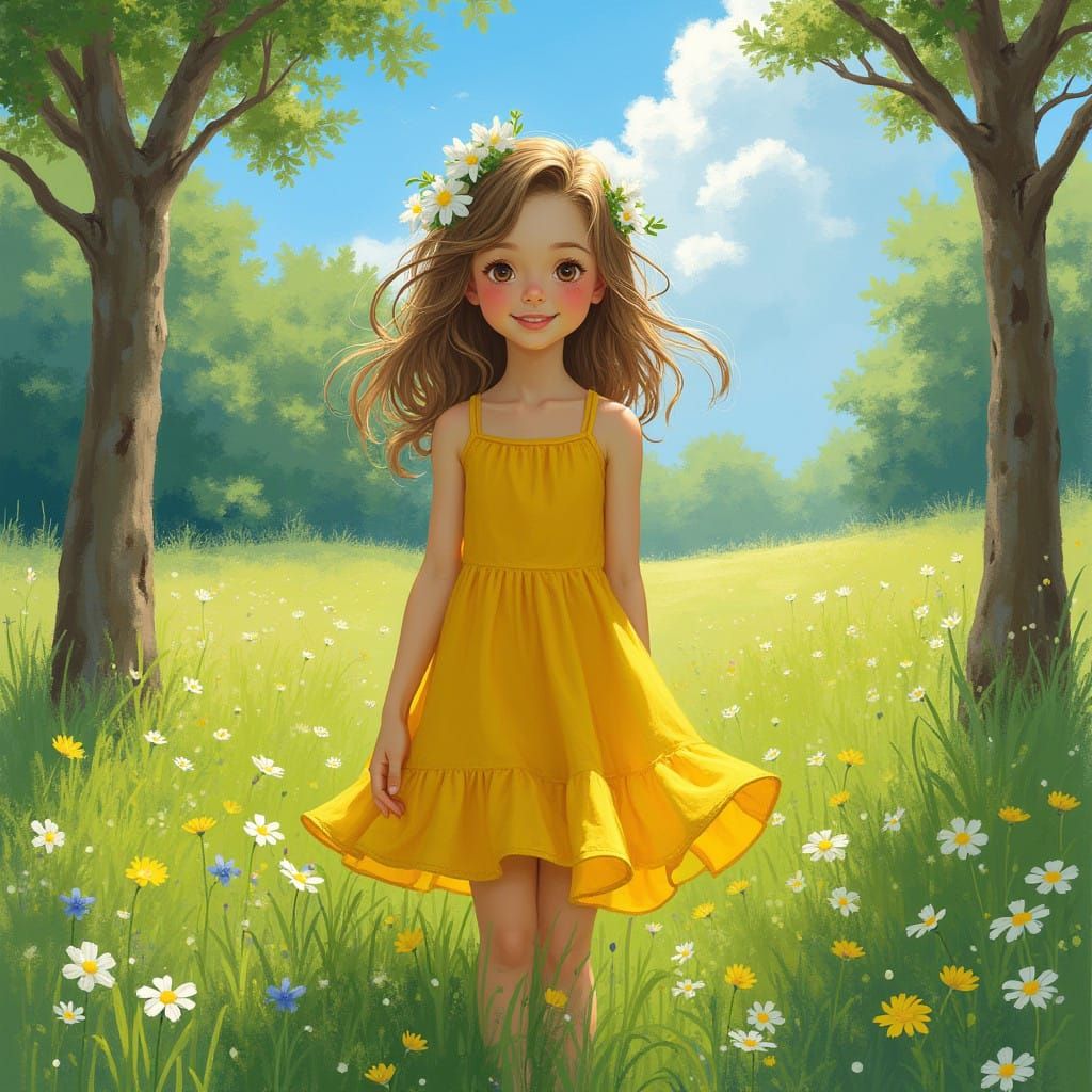 Girl in a Bright Yellow Sundress in an Impressionist Meadow