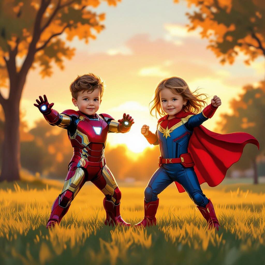 Two Children Posing with Marvel Avengers Characters