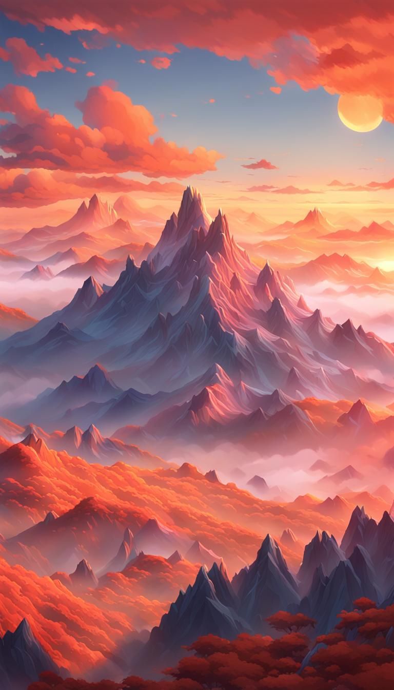 Anime Mountains in Misty Sunset, 3D Art