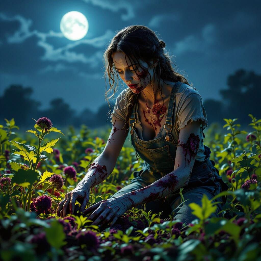 Zombie Farmer Harvesting Mutated Crops in Eerie Night Field