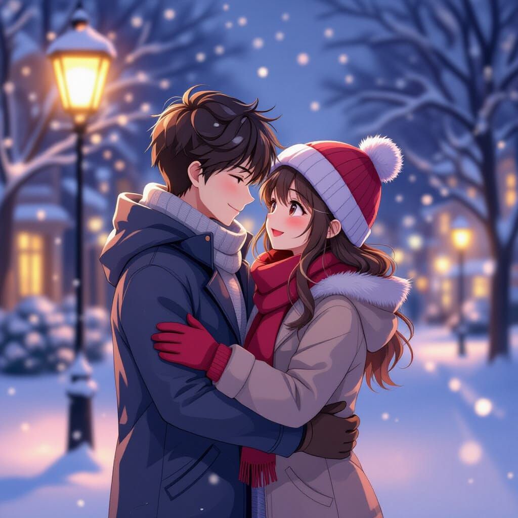 Cute Couple's Christmas Eve Embrace in Snowy Anime Style