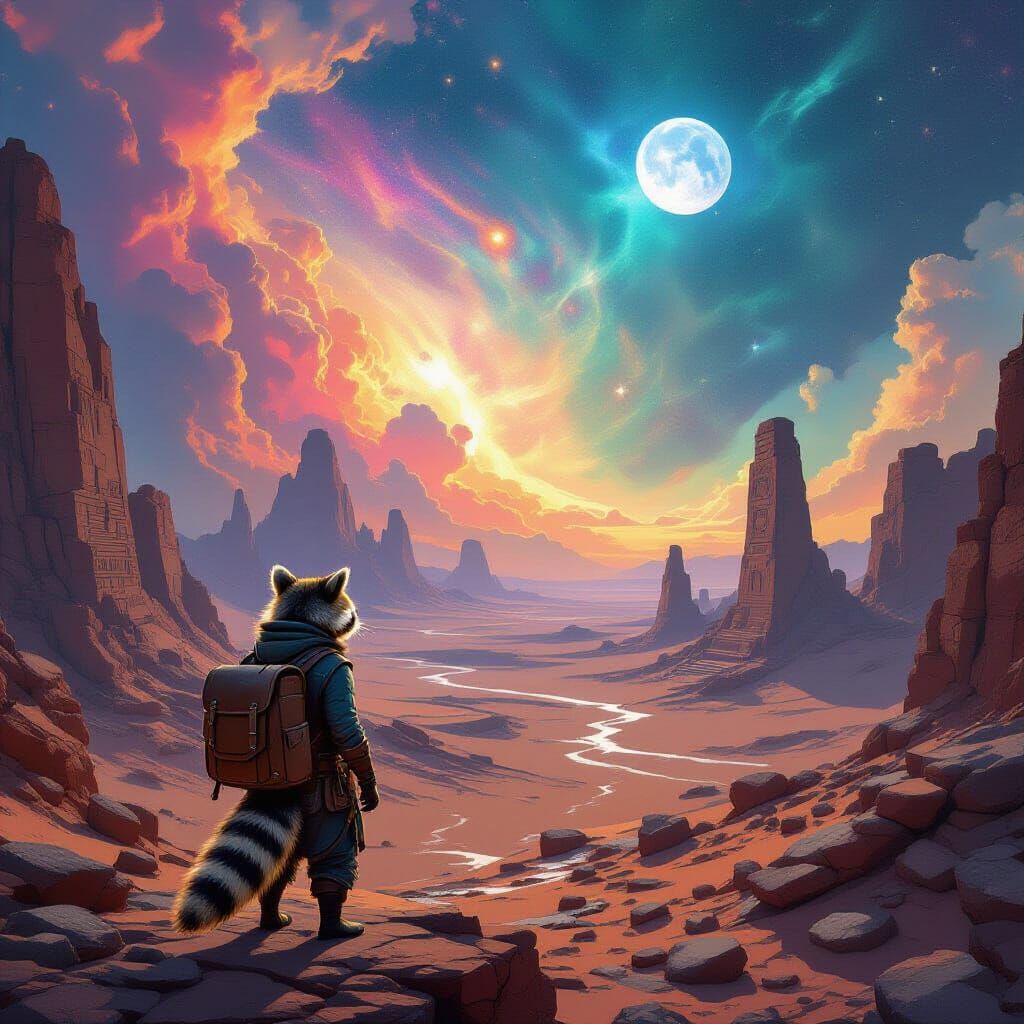Raccoon Adventurer on Alien Desert Overlooking Ruins