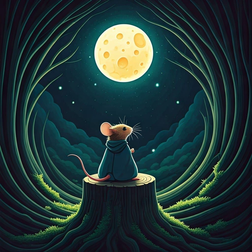 Whimsical Mouse in a Celestial Cheese Moonlit Landscape