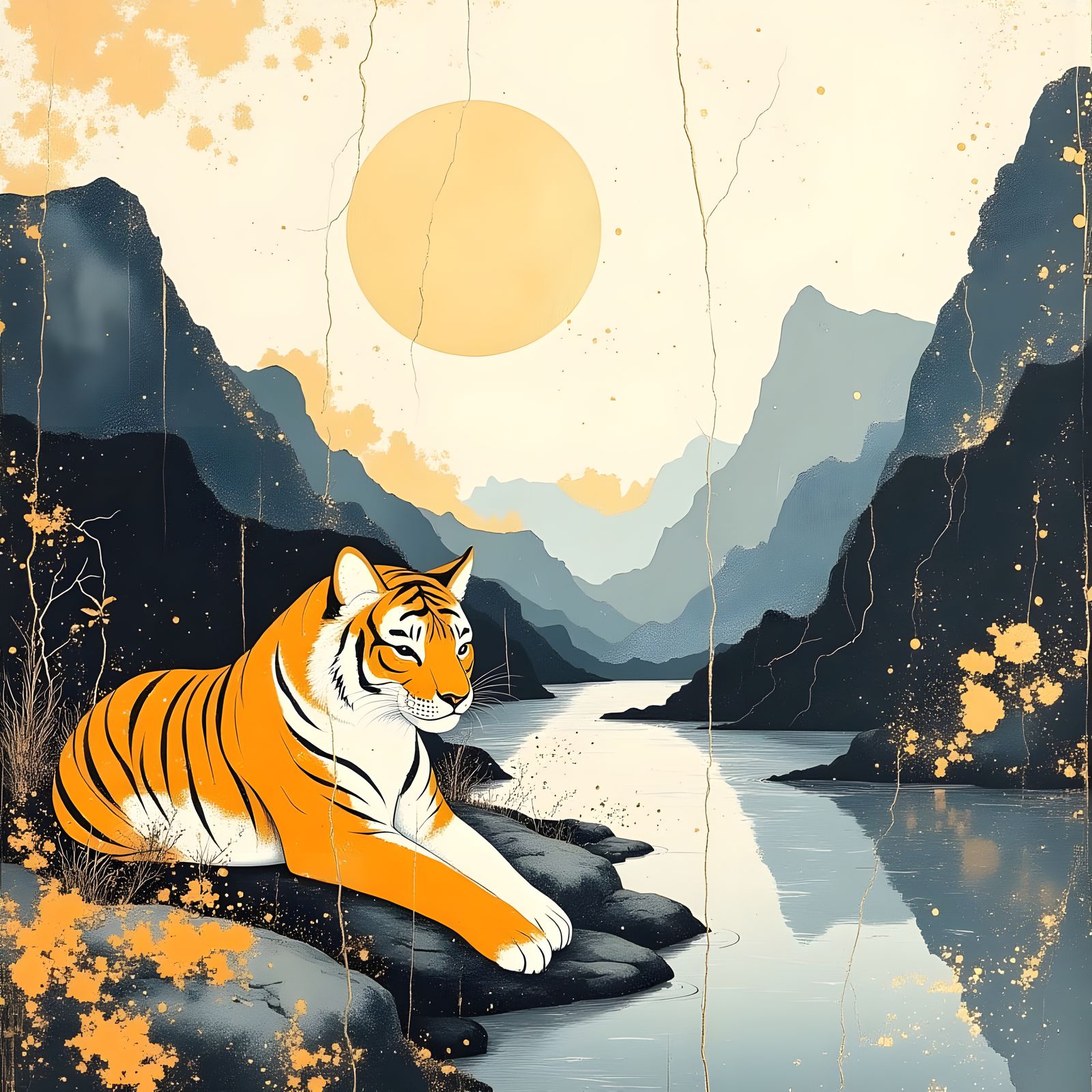 Traditional Ink Painting of Orange Tiger in Serene Landscape