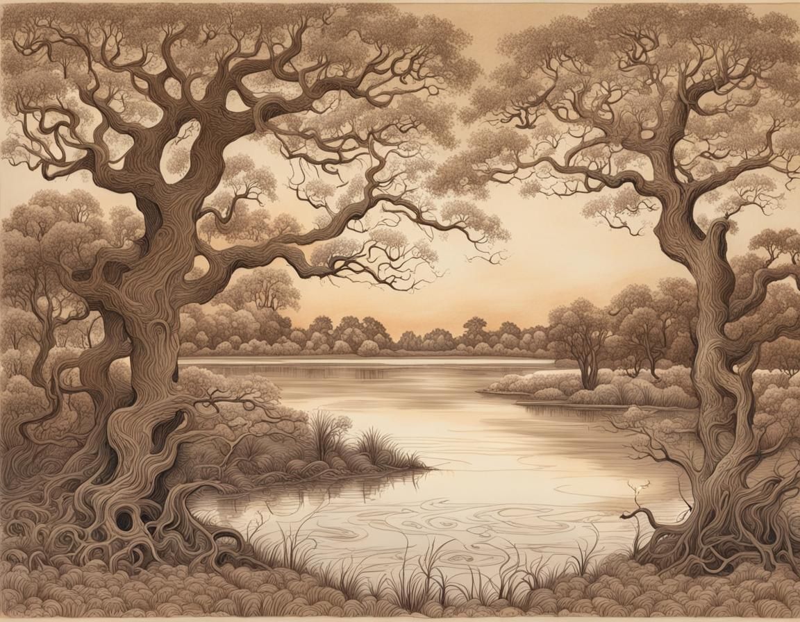 Ink Drawing of Lake Landscape with Oak Trees