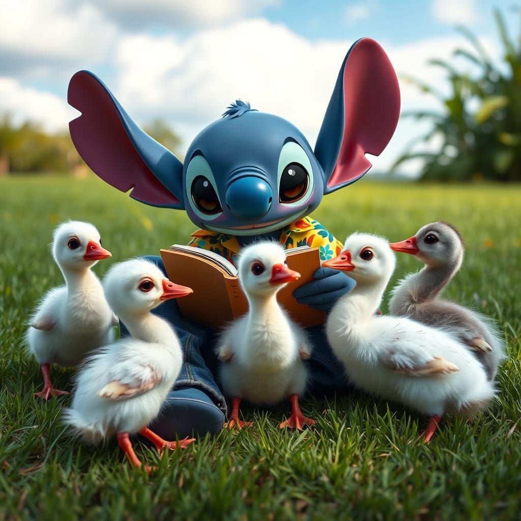 Stitch Reads to Ducklings: A Heartwarming Scene