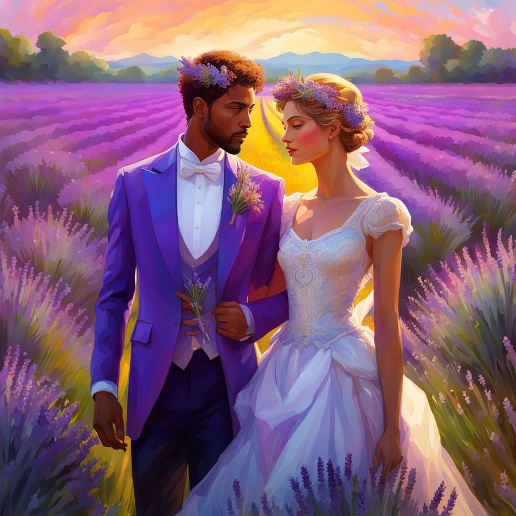 Lesbian Wedding in Lavender Field, Art Nouveau Painting