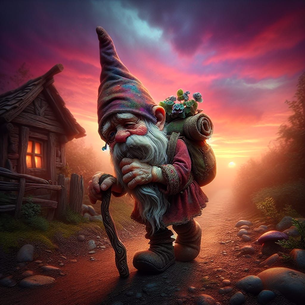 Gnome's Journey Home at Sunset