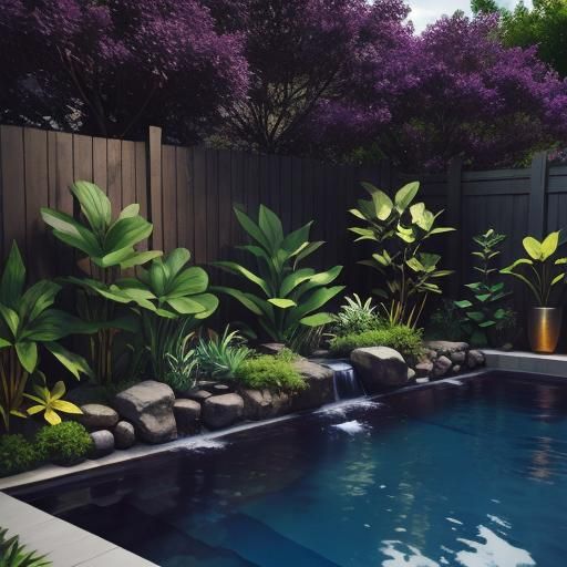 Lush Black and Purple Pool with Plants