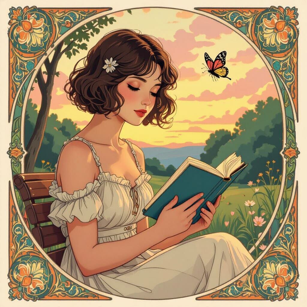 Romantic Girl Reading in Park at Sunset with Butterfly