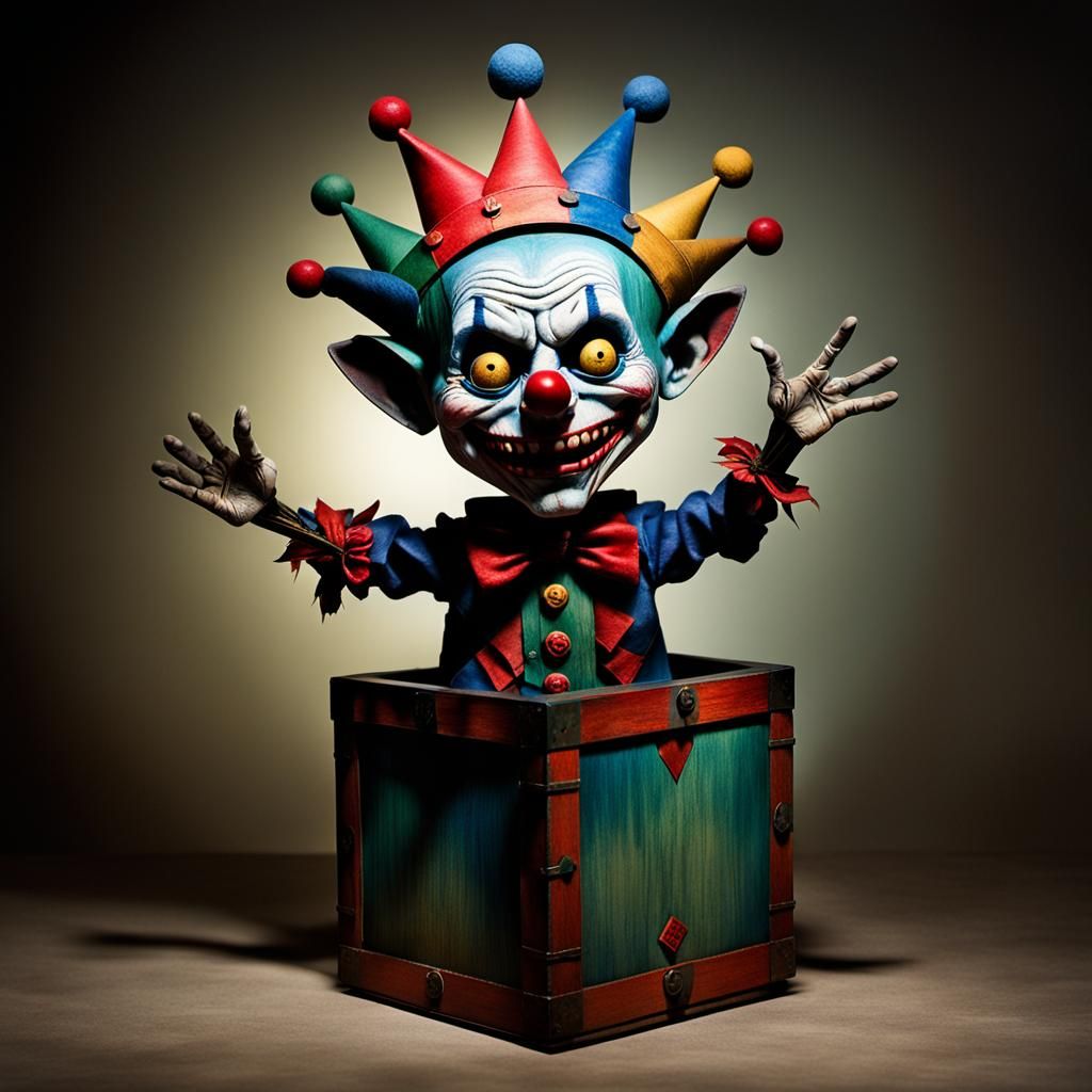 In a dimly lit, shadow-filled room, a lifelike jack-in-the-b...