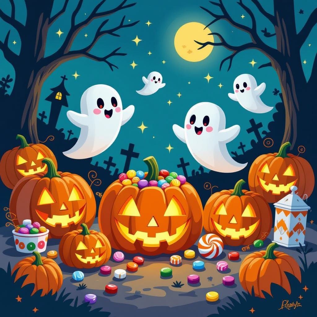 Playful Halloween Scene with Candy and Ghosts