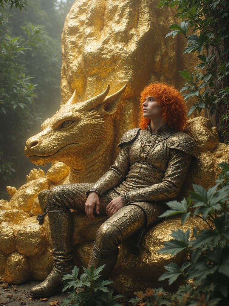 Mystical Man with Red Hair and Dragon on Gold Mountain
