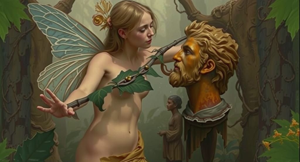 Blonde Fairy Woman Touching Adonis Statue in 19th Century Pa...