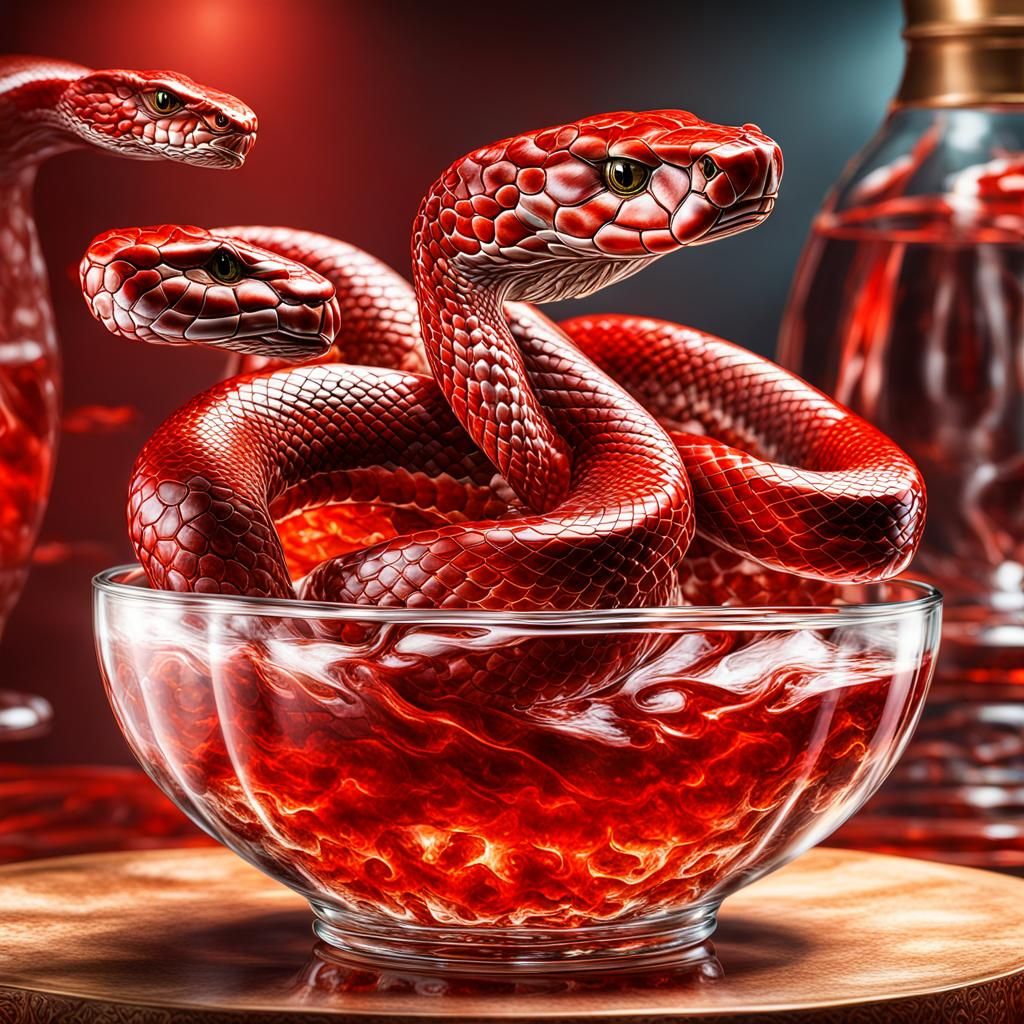 Hyperrealistic Cobras Quivering in Red Jelly
