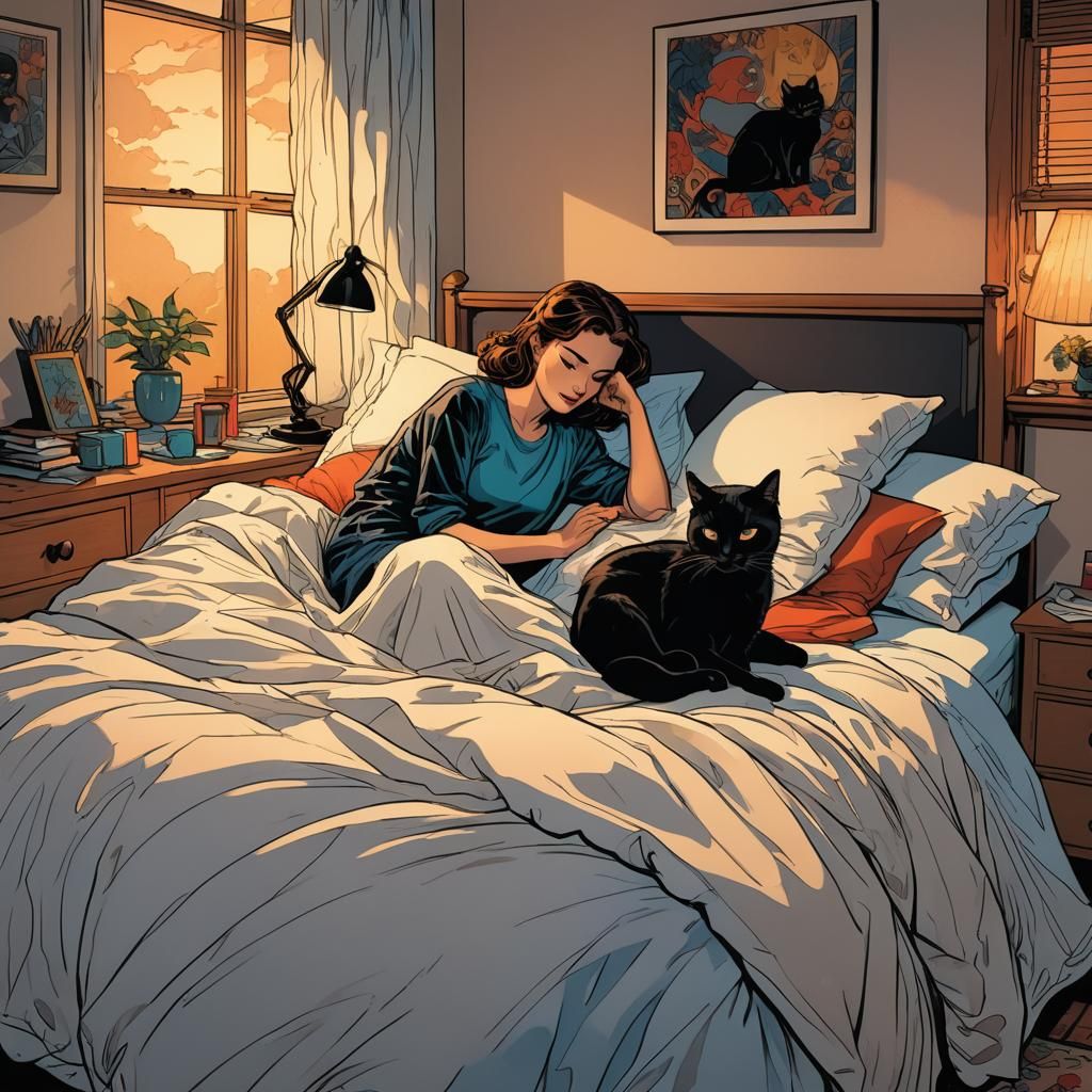 Woman with Black Cat in Comic Book Style