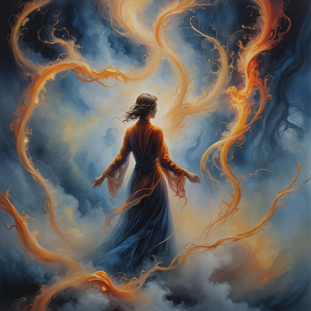Ethereal Figure Disappearing into Mist: Surreal Oil Painting
