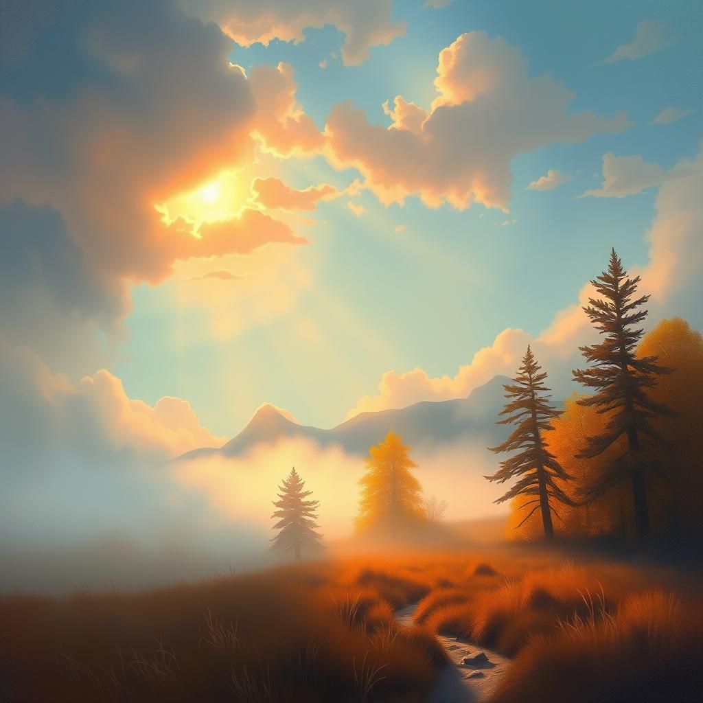 Misty Landscape in Dreamlike, Warm Style