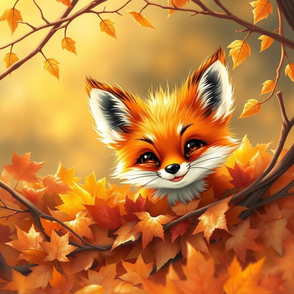 Red Fox Cub in Autumn Leaves, Digital Illustration