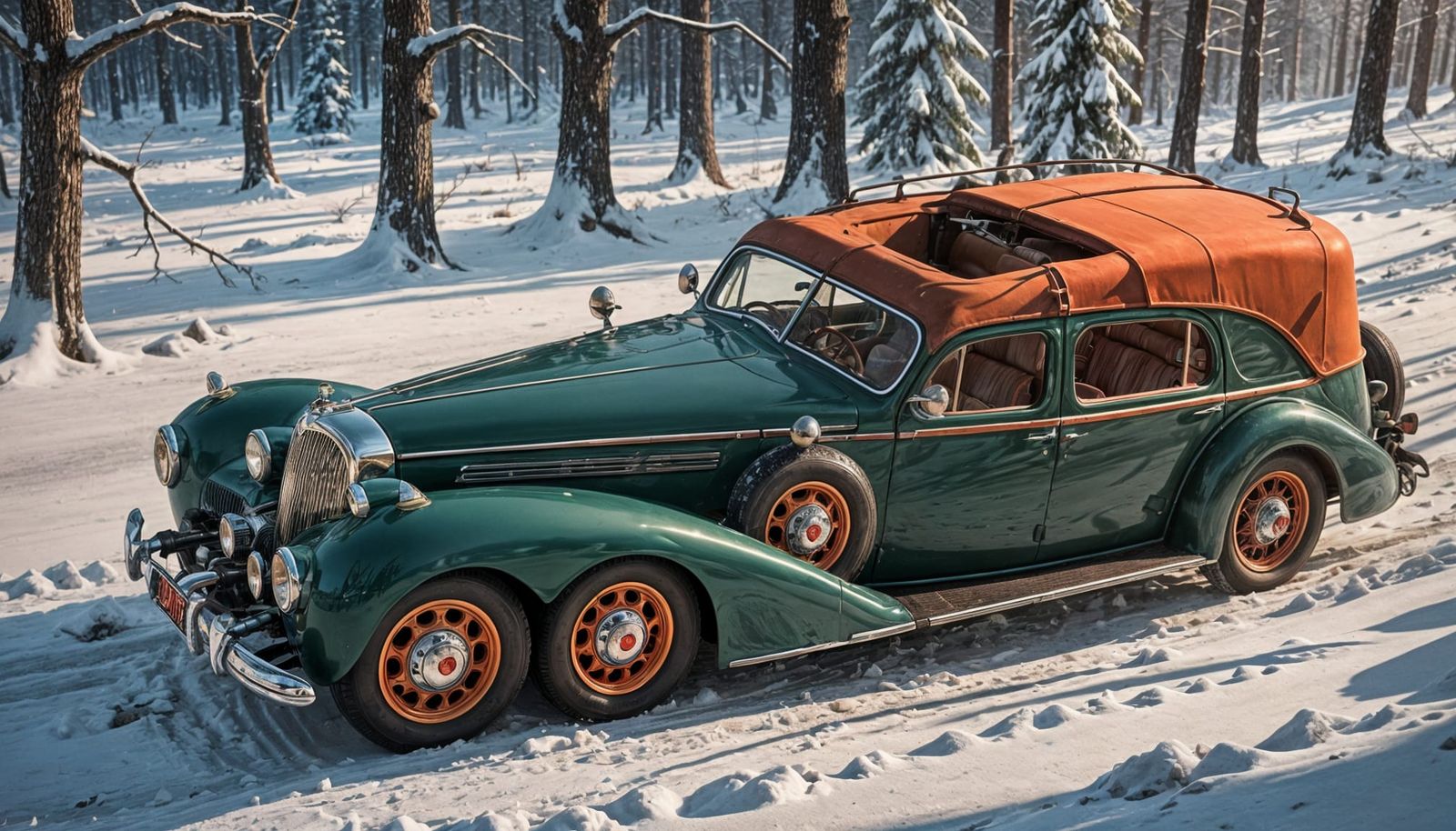 Luxurious Steampunk Wagon Car Speeds Through Winter Forest