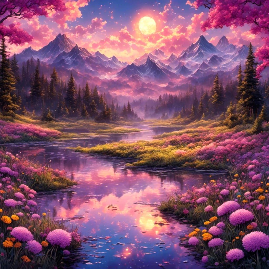 Dreamlike Landscape with Golden River and Glowing Flora