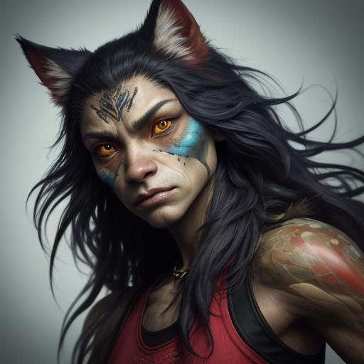 Intense Werewolf Girl Portrait in Hyperrealistic Fantasy Art