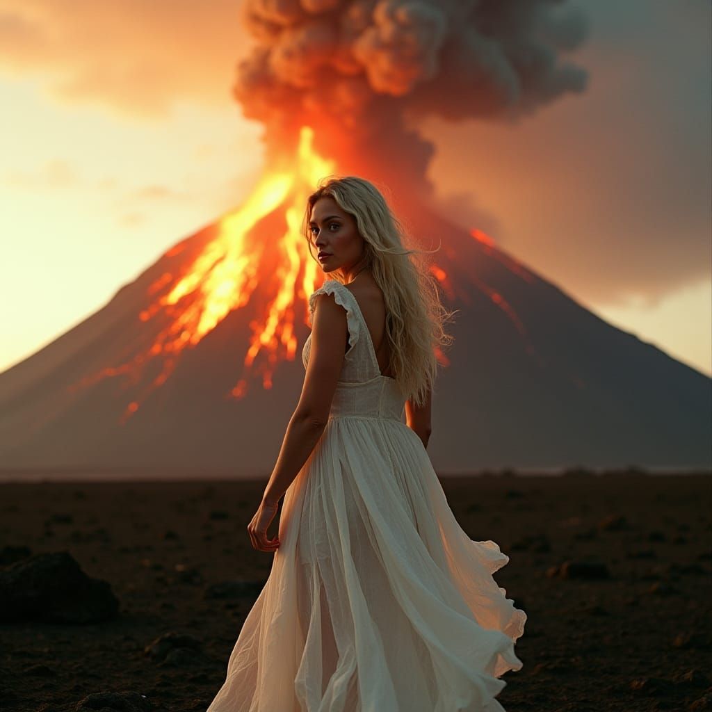 Volcano Drama: Woman in White Gown Looks Back