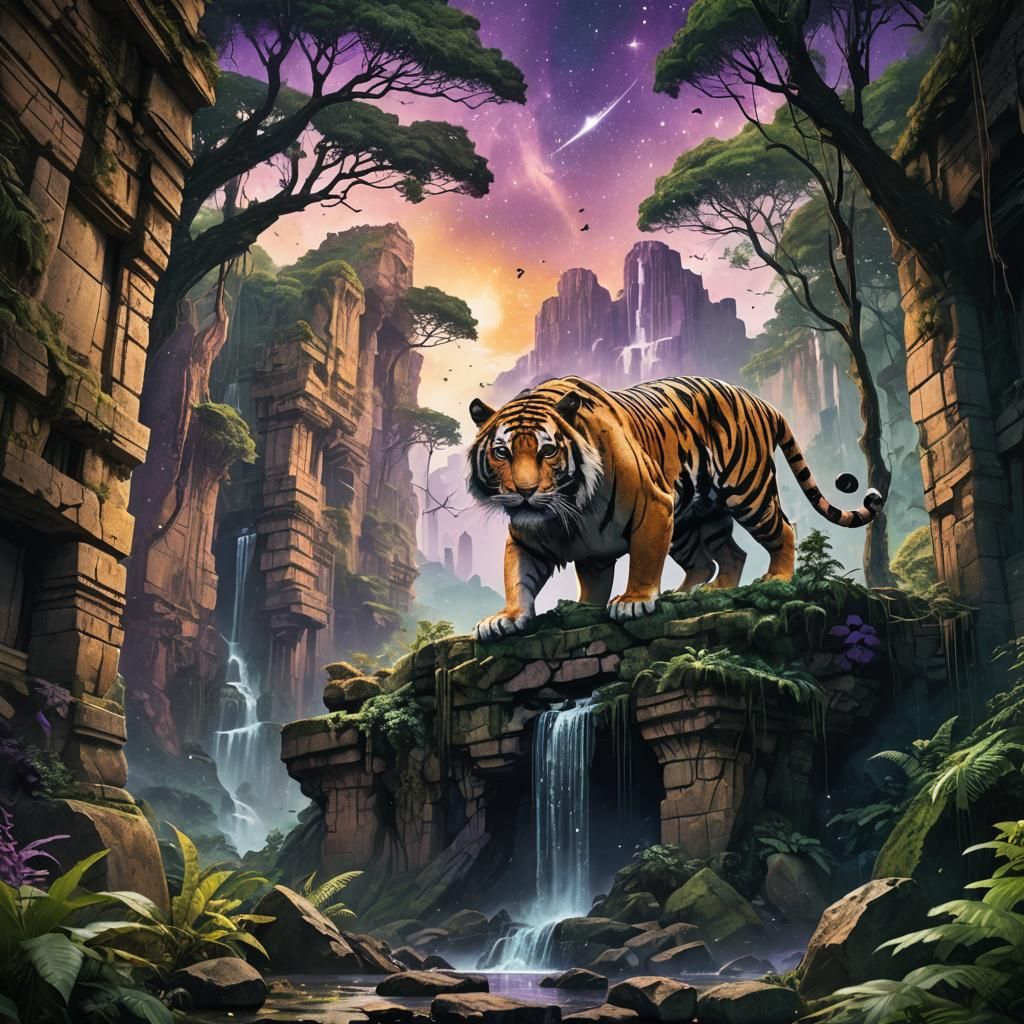 Tiger Silhouette: Cosmic Jungle Fantasy in Matte Painting St...