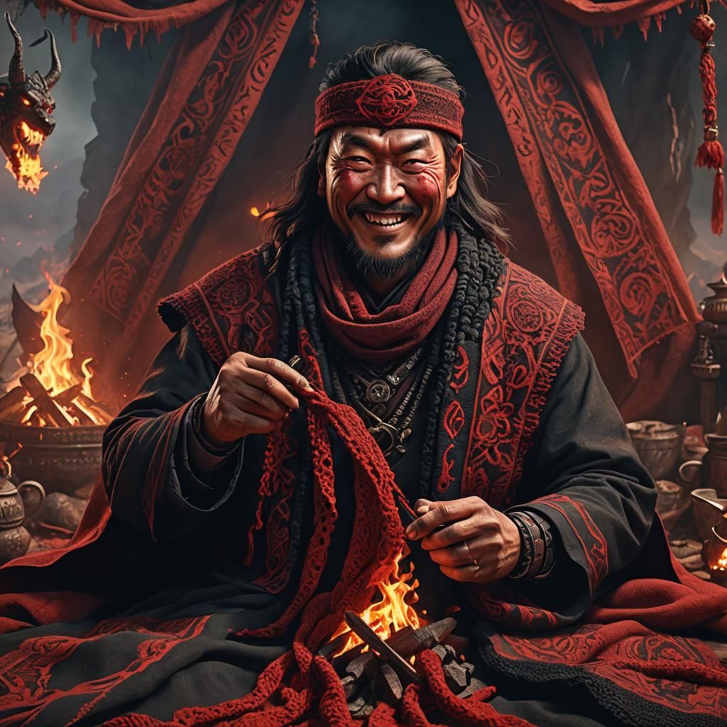 Satanic Genghis Khan crocheting