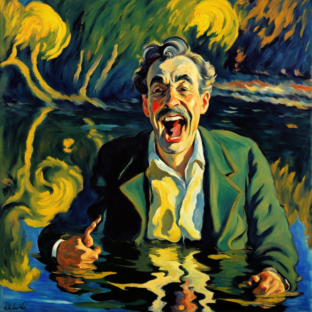 Expressionist Painting of Man Laughing by Pond