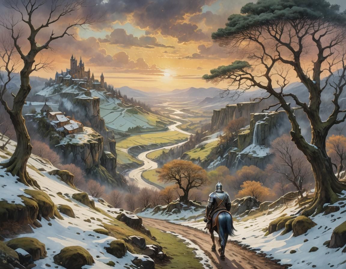 Knight Returns to Snowy Valley: Vintage Watercolor Art